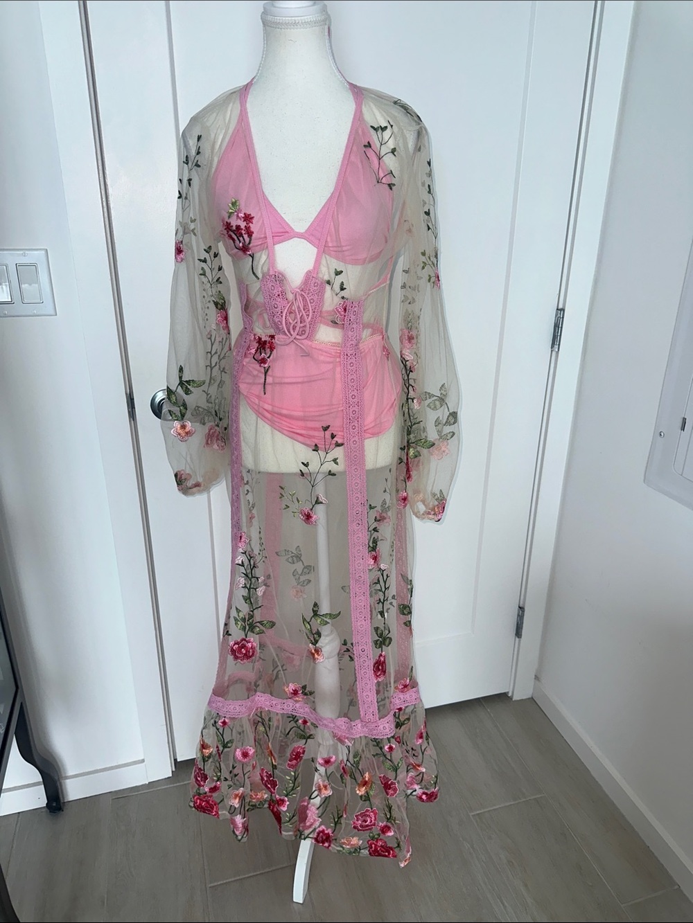 For Love and Lemons Luna Maxi Pink embroidery sheer dress NWOT Small - Picture 4 of 7